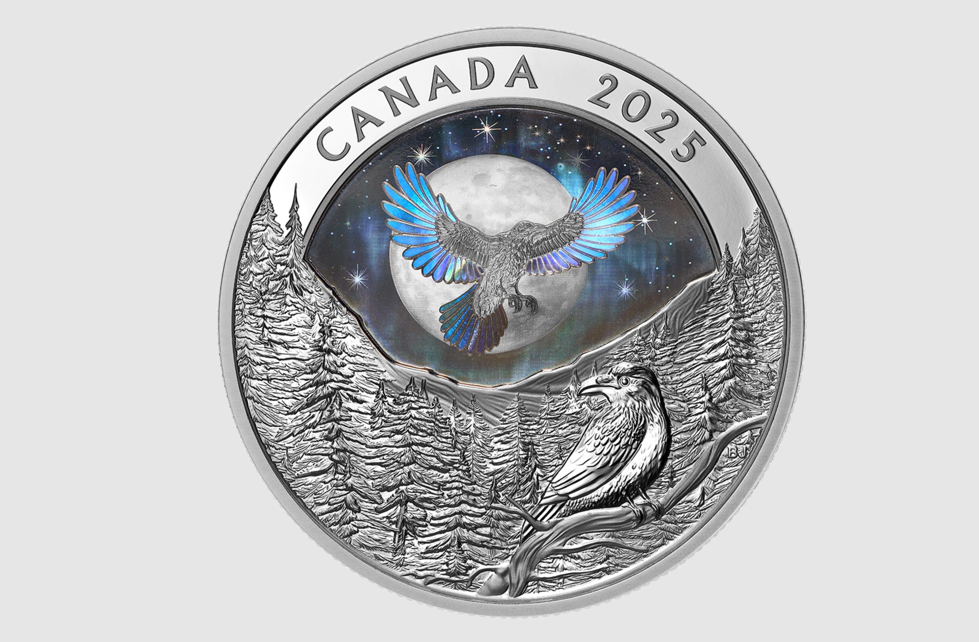 The achromatic hologram shifts with the viewing angle.